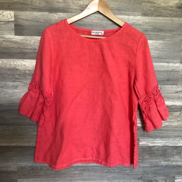 Italian Linen  Coral Pink  Top with Lace Sleeves Medium - Picture 2 of 8